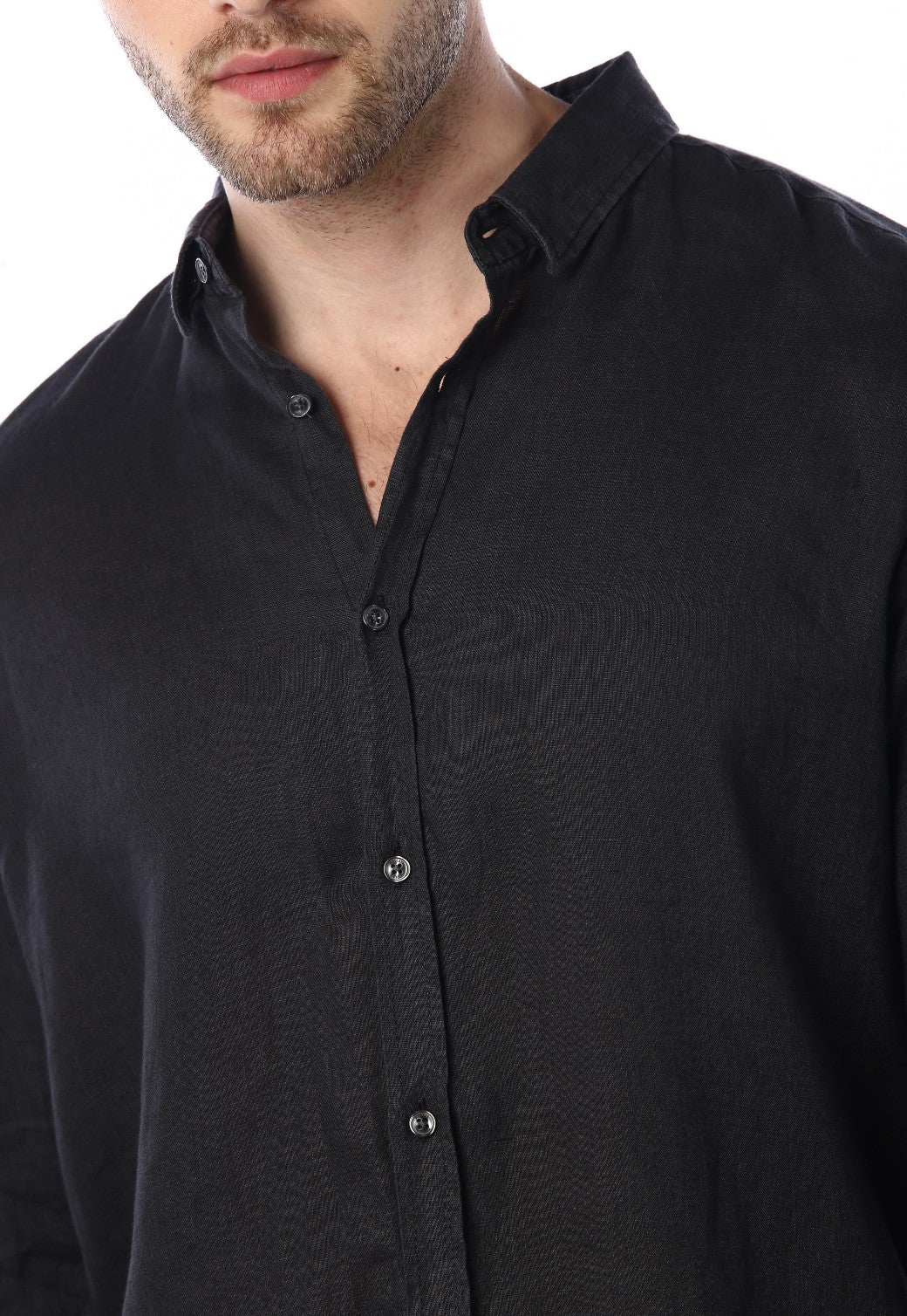 חולצה מכופתרת מבד פשתן | גברים BLACK / L