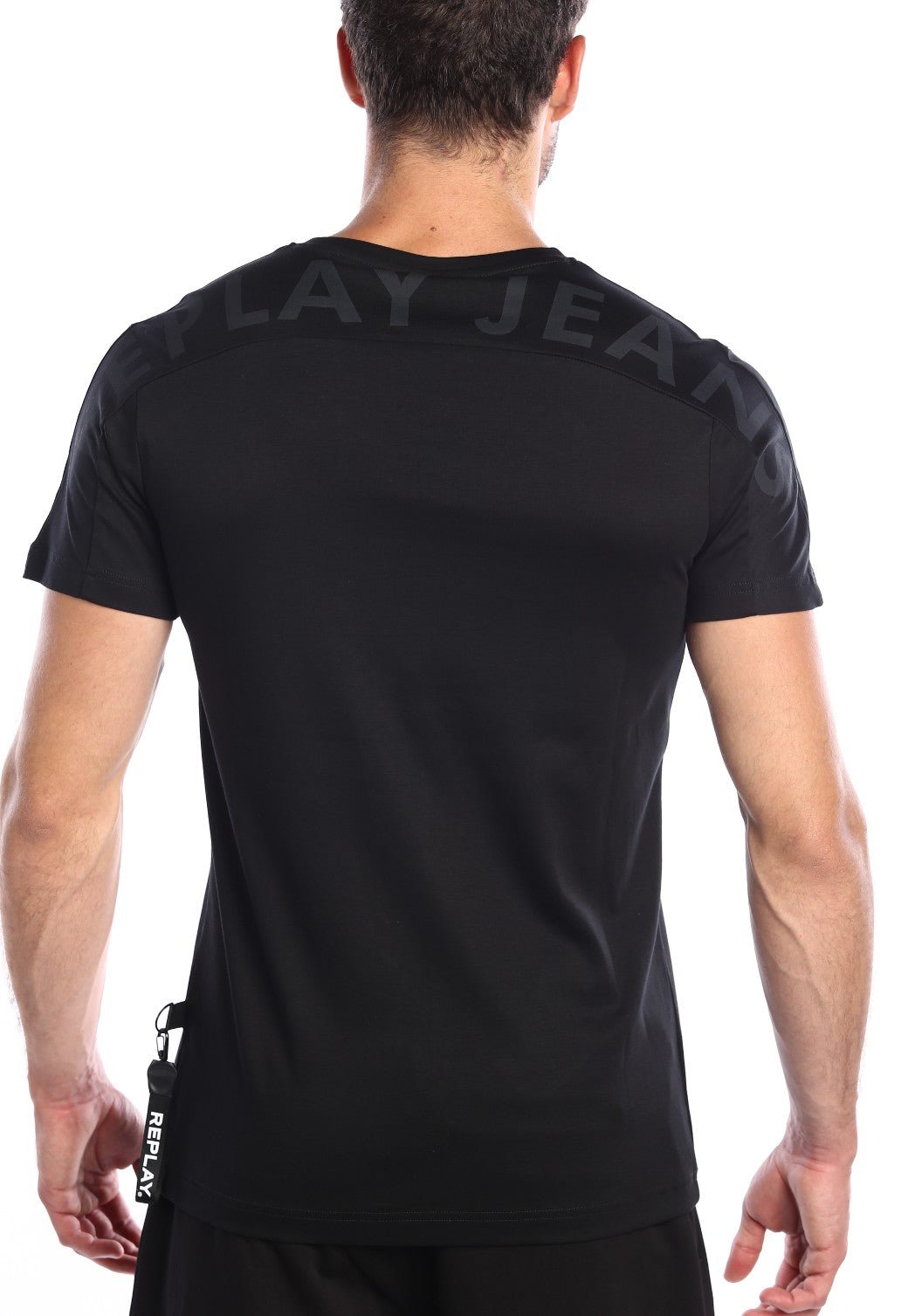טי שירט קצרה מבד אינטרלוק עם הדפס לוגו גדול בגב | גברים BLACK / L