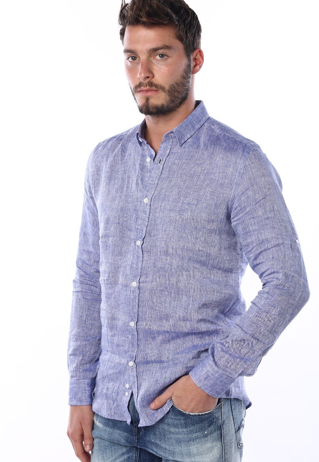 חולצה מכופתרת מבד פשתן | גברים BLUE / L