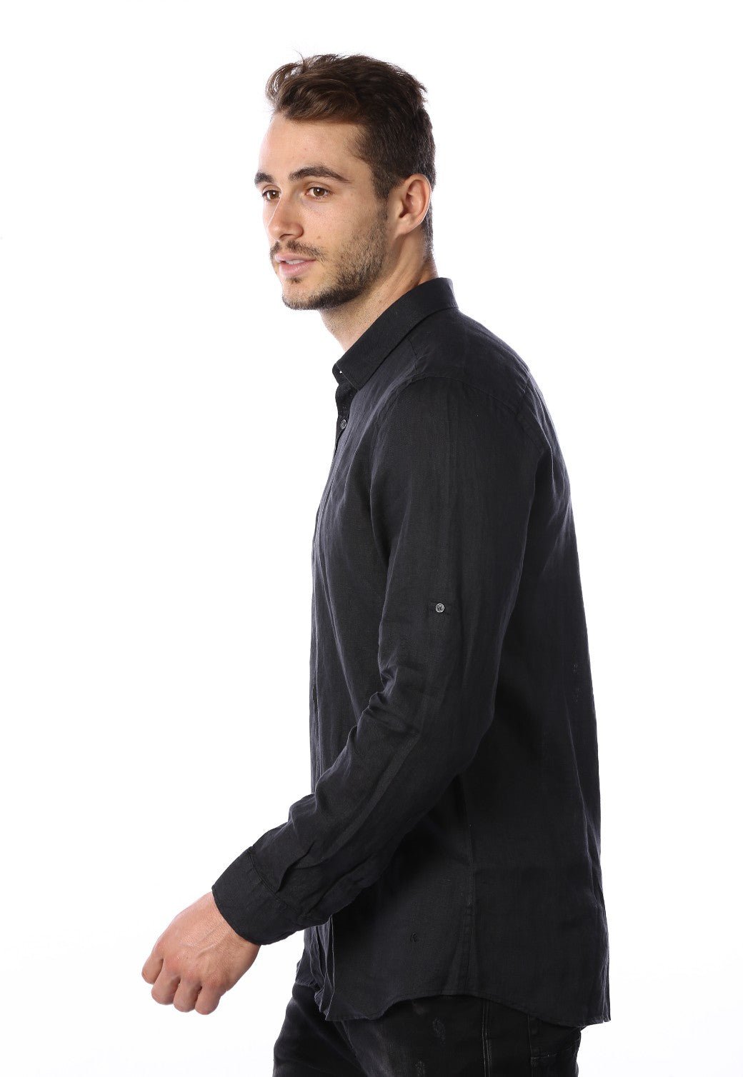 חולצה מכופתרת מבד פשתן | גברים BLACK / L