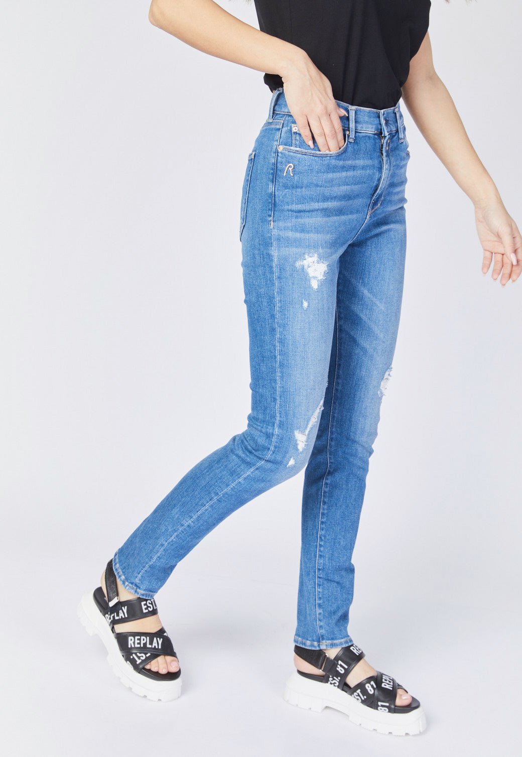 ג׳ינס סקיני גבוה עם קרעים נשים - Replay