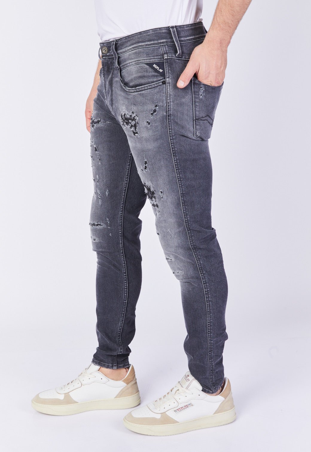 ג'ינס Slim Fit BRONNY עם קרעים מתופרים גברים - Replay