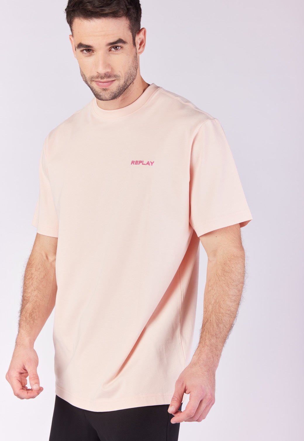 טי שירט קצרה רחבה בצבע אפרסק עם לוגו בגב גברים - Replay