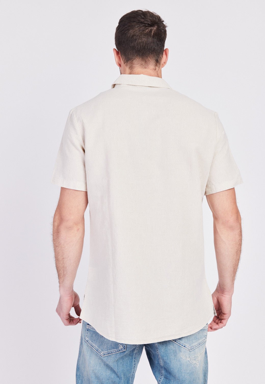 חולצה מכופתרת שרוול קצר מבד פשתן גברים - Replay