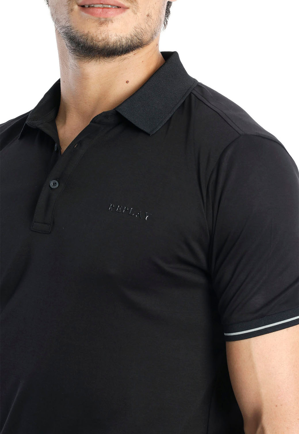 חולצת פולו בייסיק מבד פיקה עם לוגו ופס בשרוול גברים - Replay
