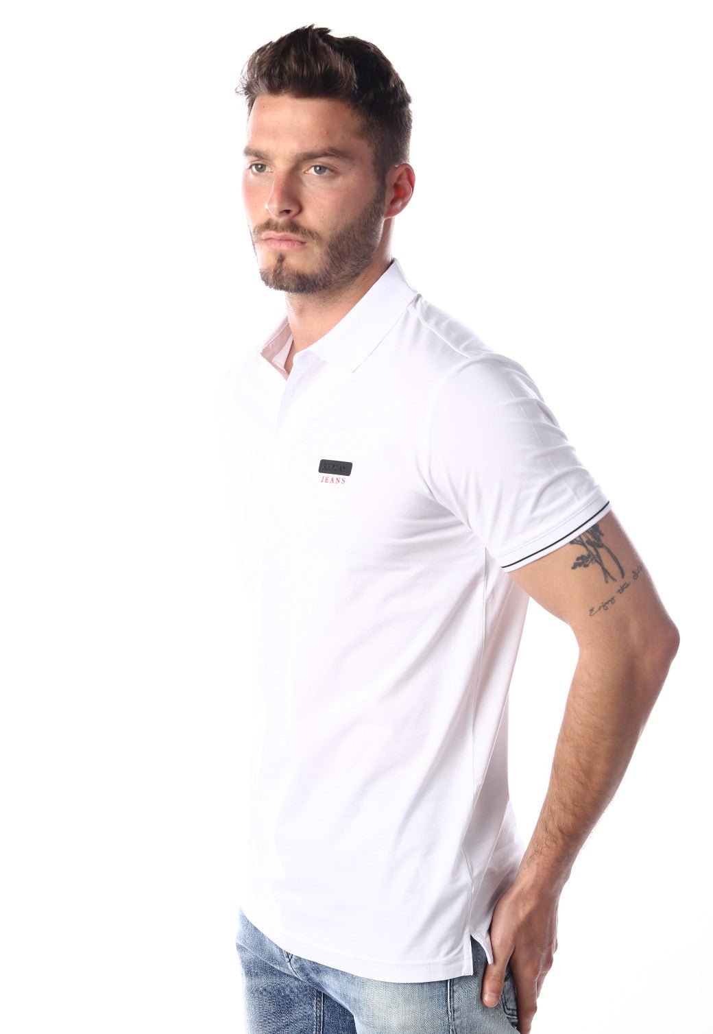 חולצת פולו קצרה עם הדפס לוגו קטן גברים - Replay